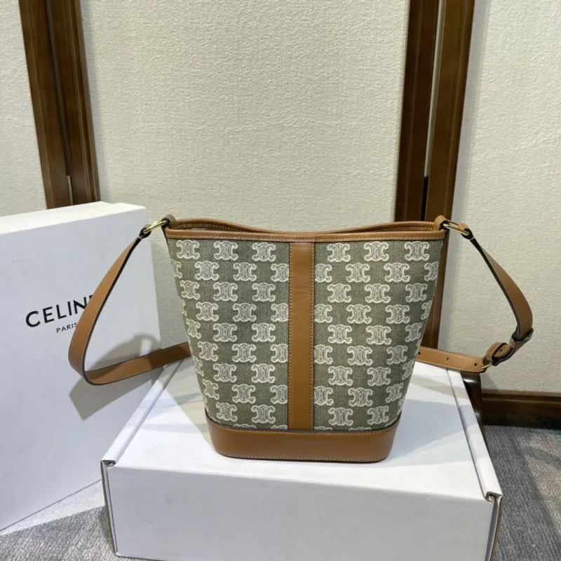 Celine Triomphe Canvas Bucket Bag Green Brown Crossbody - Image 3