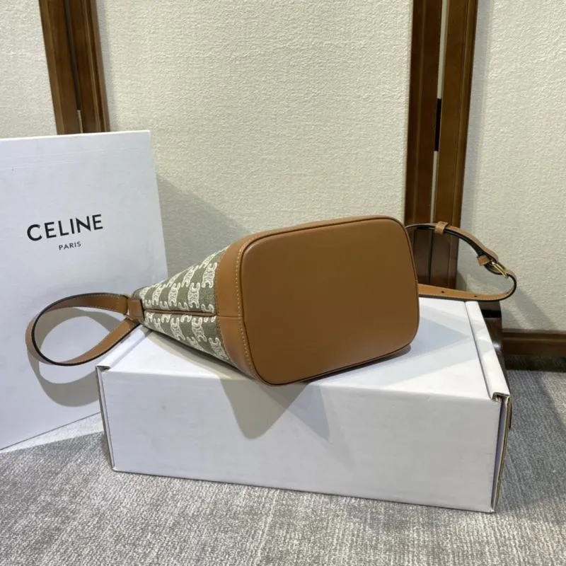 Celine Triomphe Canvas Bucket Bag Green Brown Crossbody - Image 4