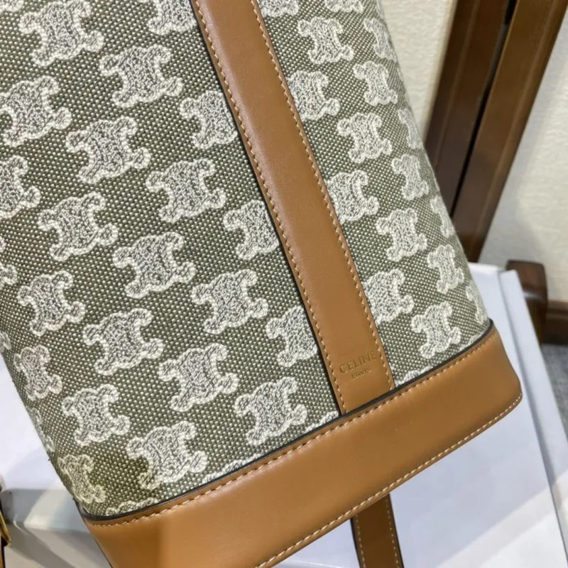 Celine Triomphe Canvas Bucket Bag Green Brown Crossbody - Image 5