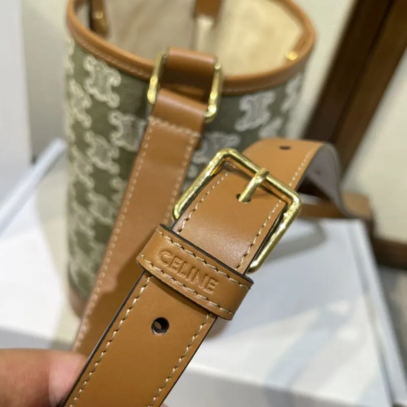 Celine Triomphe Canvas Bucket Bag Green Brown Crossbody - Image 6