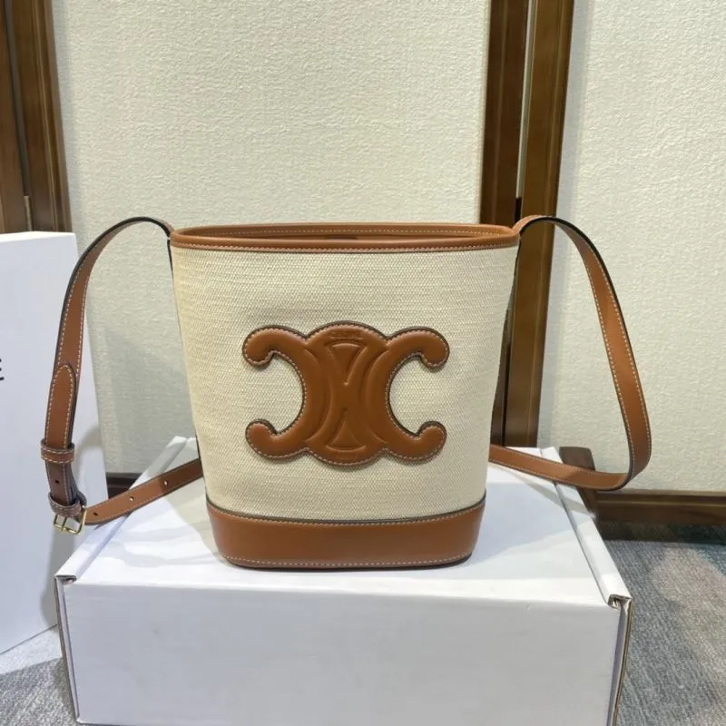 Celine Canvas Leather Bucket Bag 382 Beige Brown