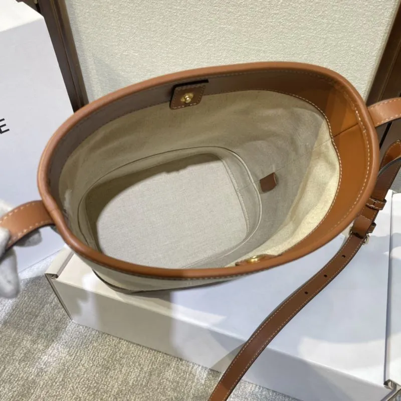 Celine Canvas Leather Bucket Bag 382 Beige Brown - Image 7