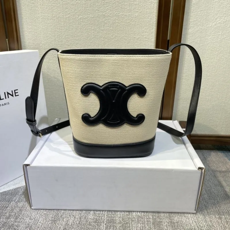 Celine Beige Black Canvas Bucket Bag 385