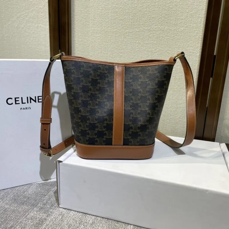 Alternative view of Celine Monogram Bucket Bag 436 Brown Leather Crossbody