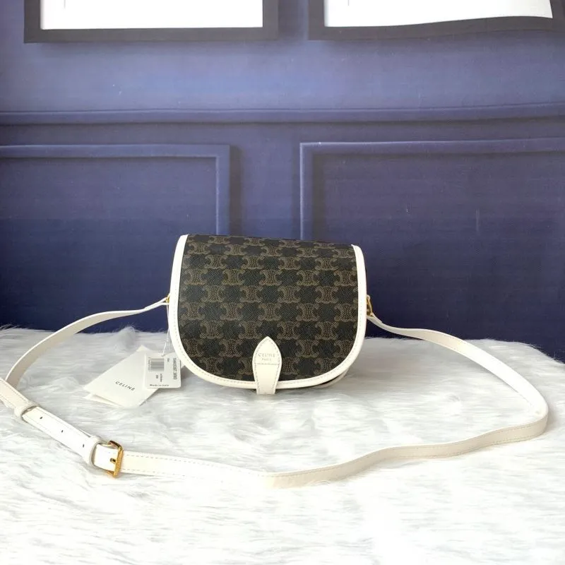 Celine 164403DBT.38NO Brown Monogram Saddle Crossbody Bag White Trim