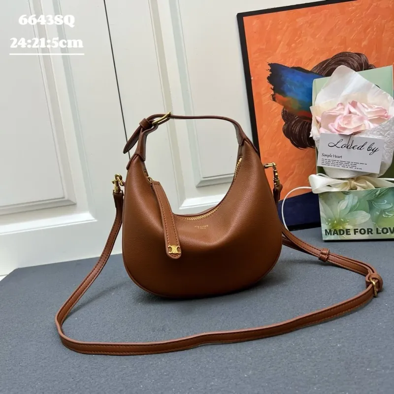 Celine 6643SQ Brown Leather Crossbody Hobo Bag
