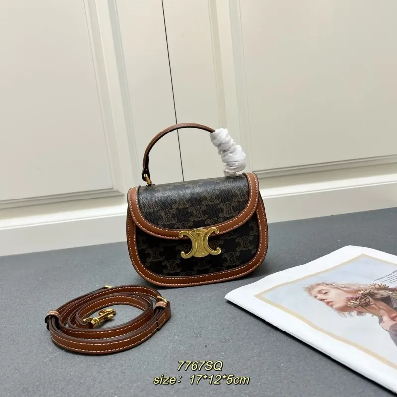 Celine 7767SQ Brown Monogram Top Handle Crossbody Bag