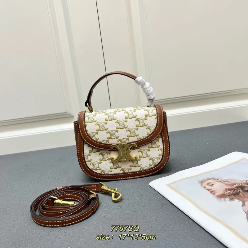 Celine 7767SQ Beige Brown Mini Top Handle Crossbody Bag