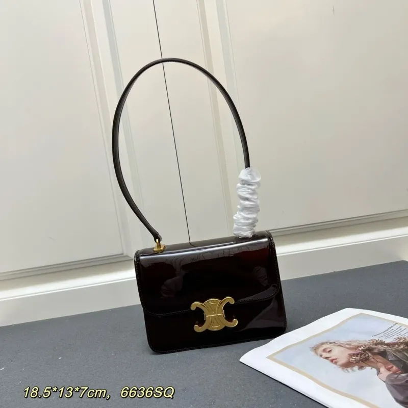 Celine Dark Brown Patent Leather Top Handle Bag 6636SQ 18.5x13x7cm
