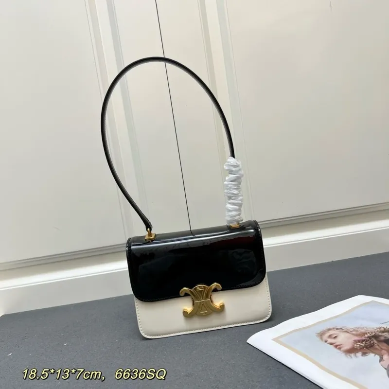 Celine Black White Patent Leather Top Handle Bag 6636SQ