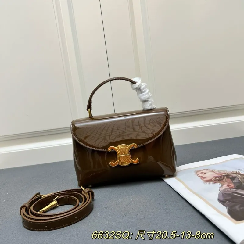 Celine Brown Patent Leather Top Handle Bag 6632SQ