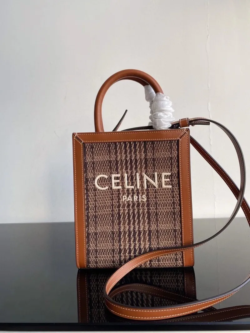 Celine Brown Houndstooth Top Handle Tote Bag