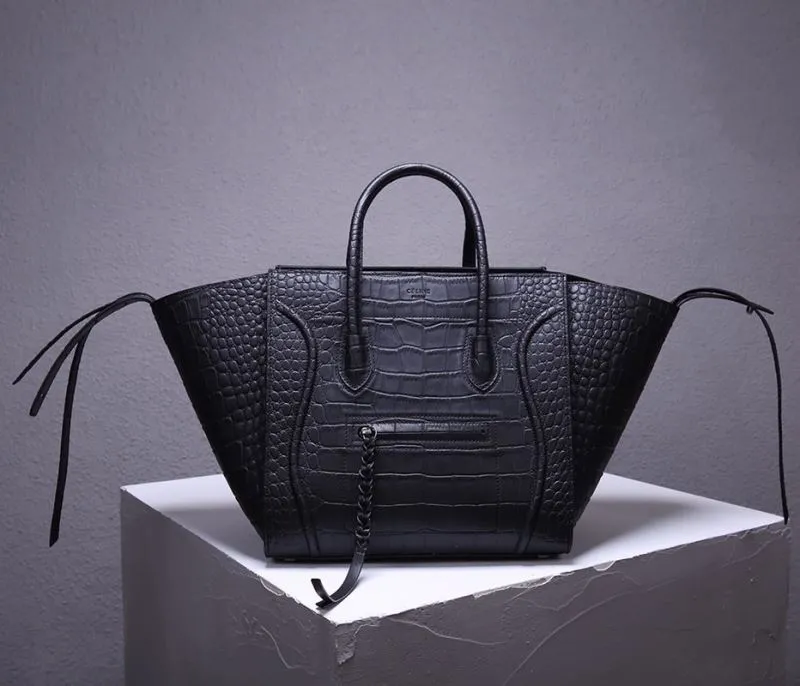 Celine Black Croc Embossed Top Handle Bag