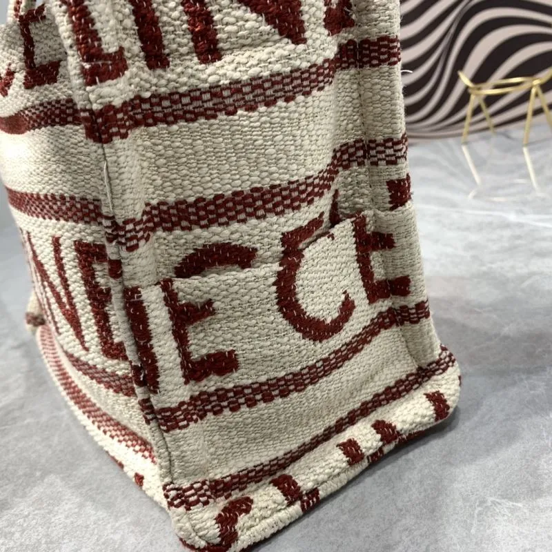 Celine 8018 Cream Red Woven Tote Bag - Image 5