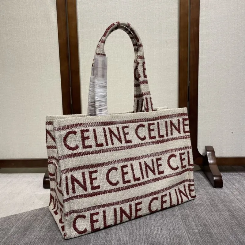 Celine Beige Burgundy Canvas Tote Bag - Image 3