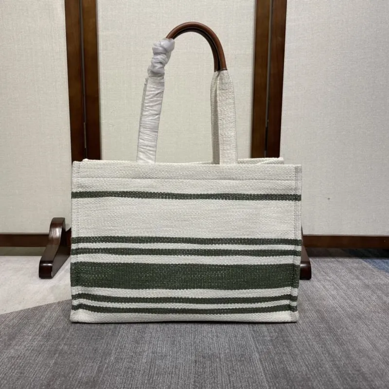 Celine White Green Striped Canvas Tote Bag - Image 3