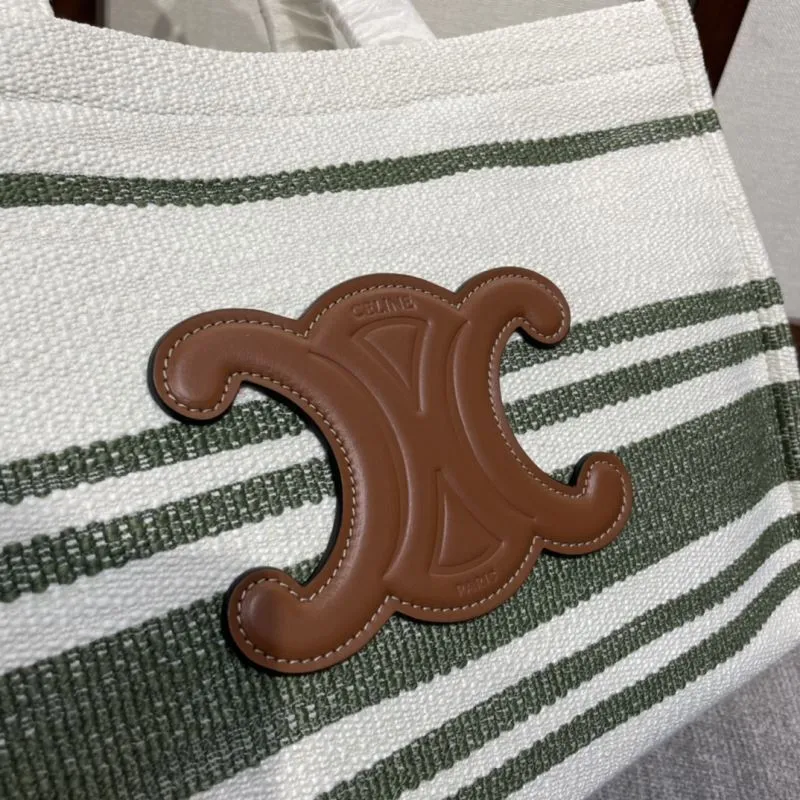 Celine White Green Striped Canvas Tote Bag - Image 5