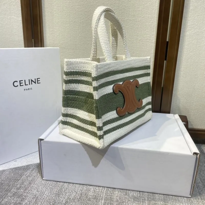 Celine Green White Striped Canvas Tote Bag - Image 3