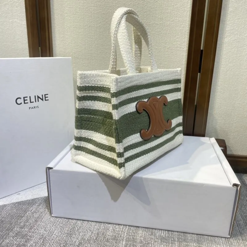 Celine White Green Striped Canvas Tote Bag - Image 3
