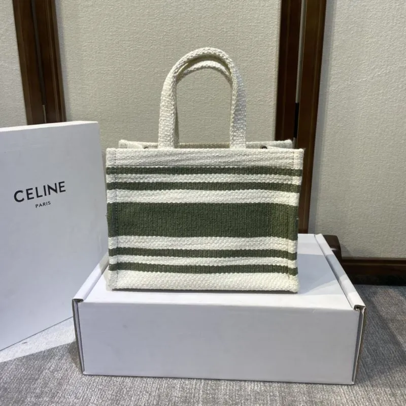 Celine White Green Striped Canvas Tote Bag - Image 4