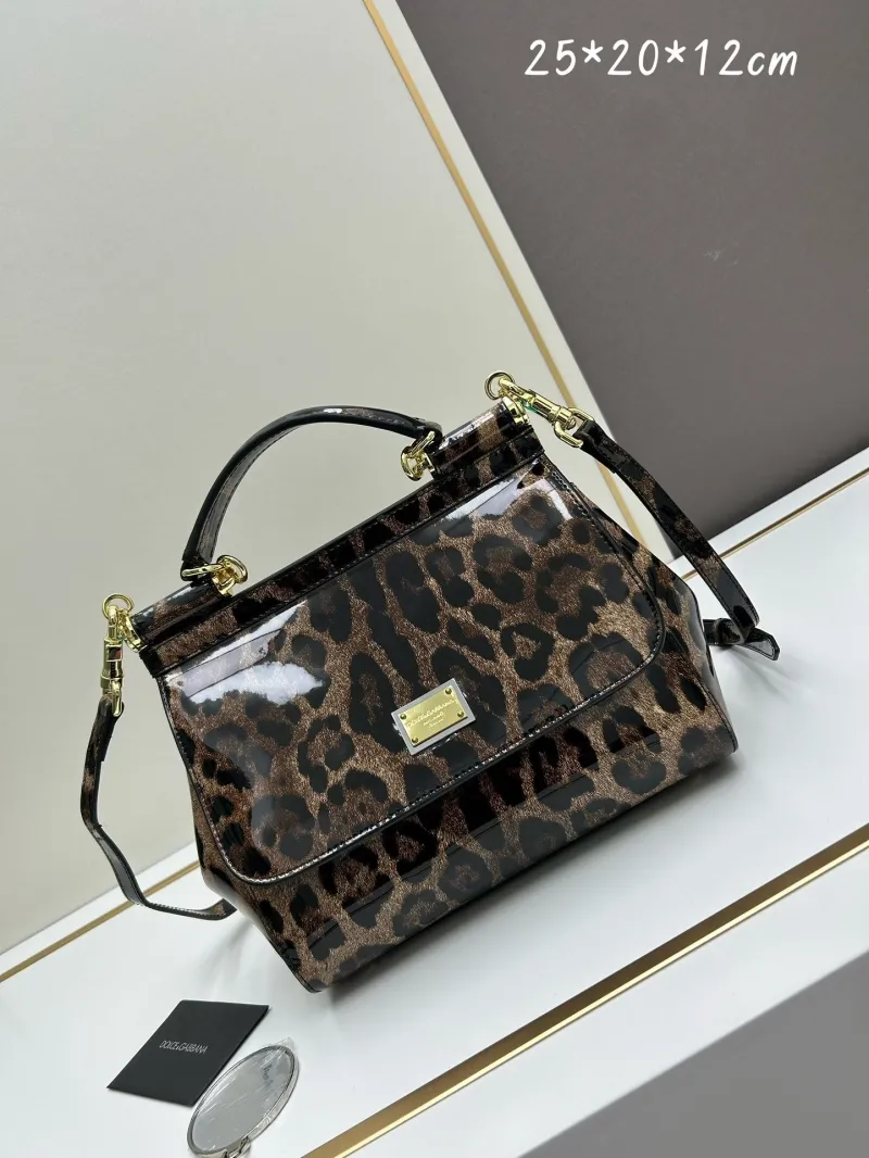 Dolce Gabbana Leopard Print Patent Leather Crossbody Handbag 25x20x12cm
