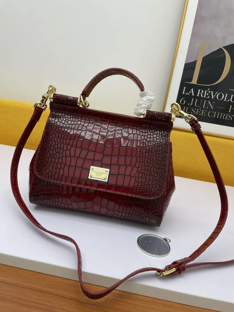 Dolce Gabbana Burgundy Crocodile Embossed Handbag