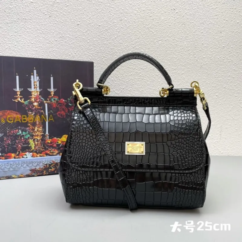 Dolce & Gabbana Black Croc Embossed Large Handbag