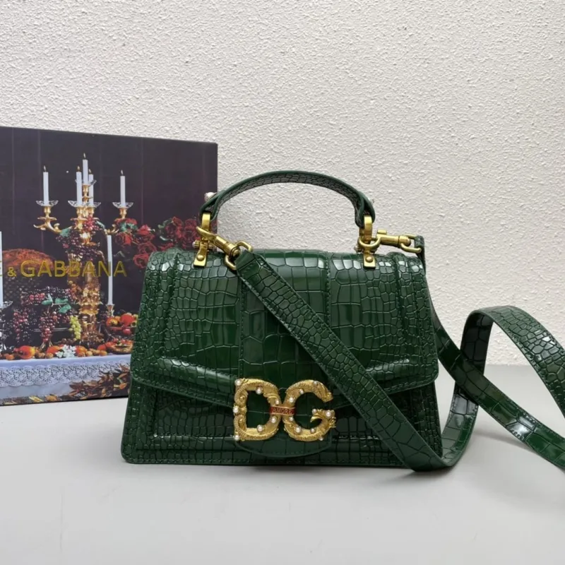 Dolce Gabbana Dark Green Crocodile Embossed Handbag