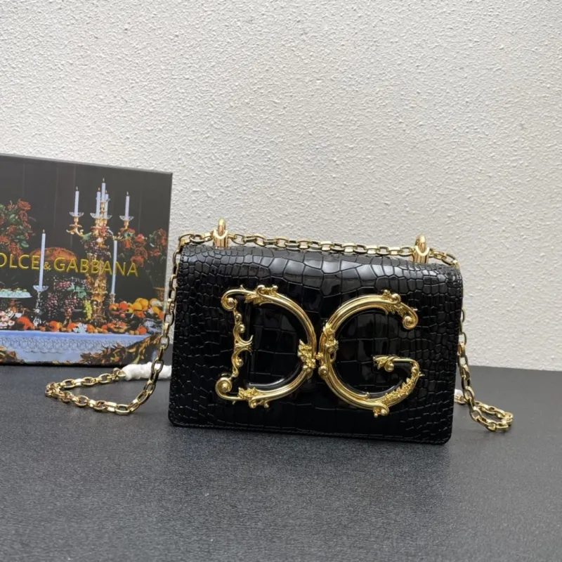 Dolce Gabbana Black Crocodile Embossed Chain Satchel Bag 91