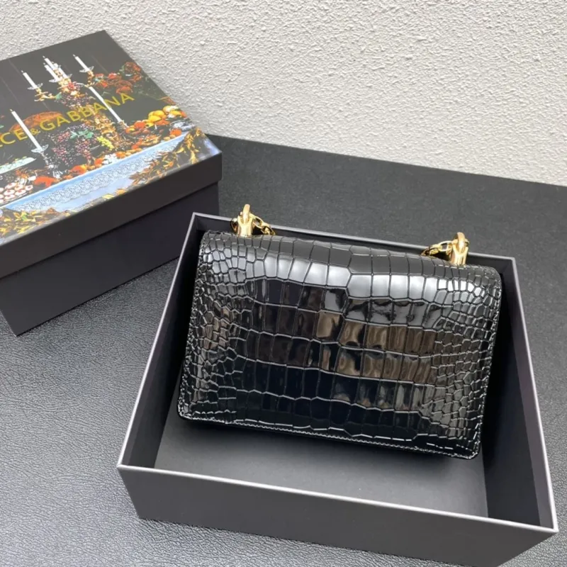 Dolce Gabbana Black Crocodile Embossed Chain Satchel Bag 91 - Image 3