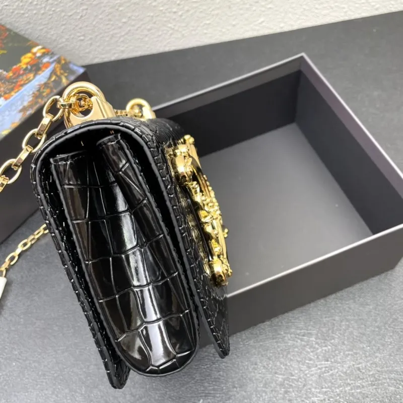Dolce Gabbana Black Crocodile Embossed Chain Satchel Bag 91 - Image 5