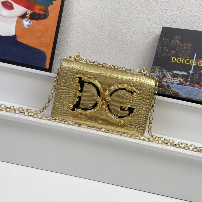 Dolce Gabbana Gold Crocodile Embossed Chain Satchel Bag