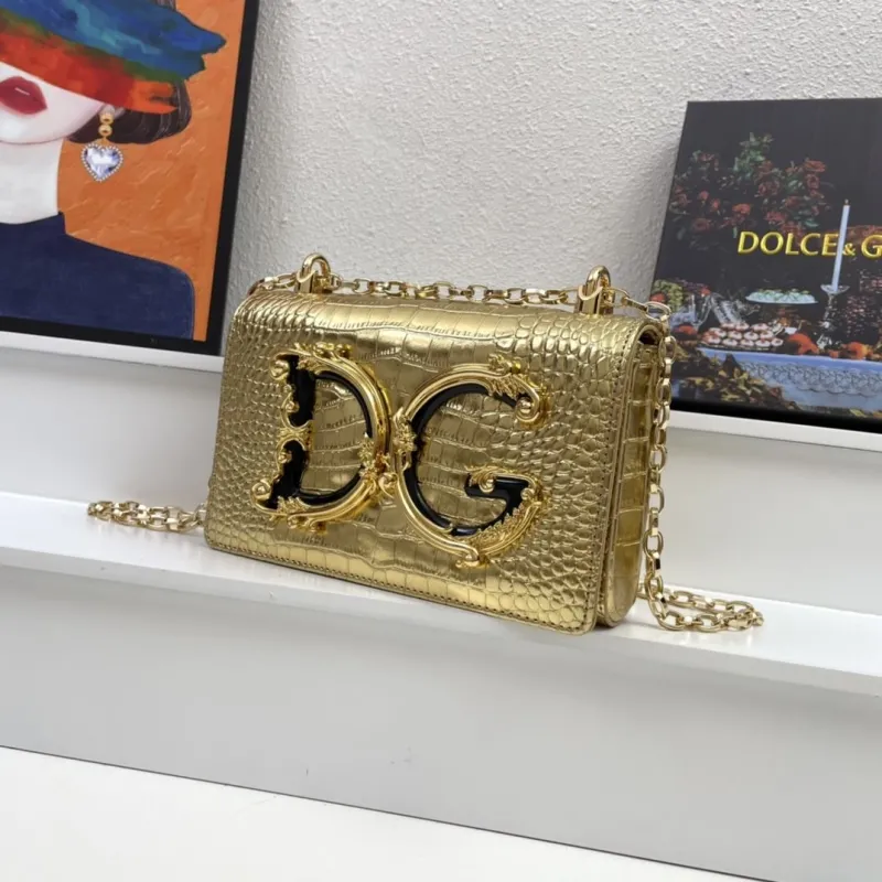 Dolce Gabbana Gold Crocodile Embossed Chain Satchel Bag - Image 4