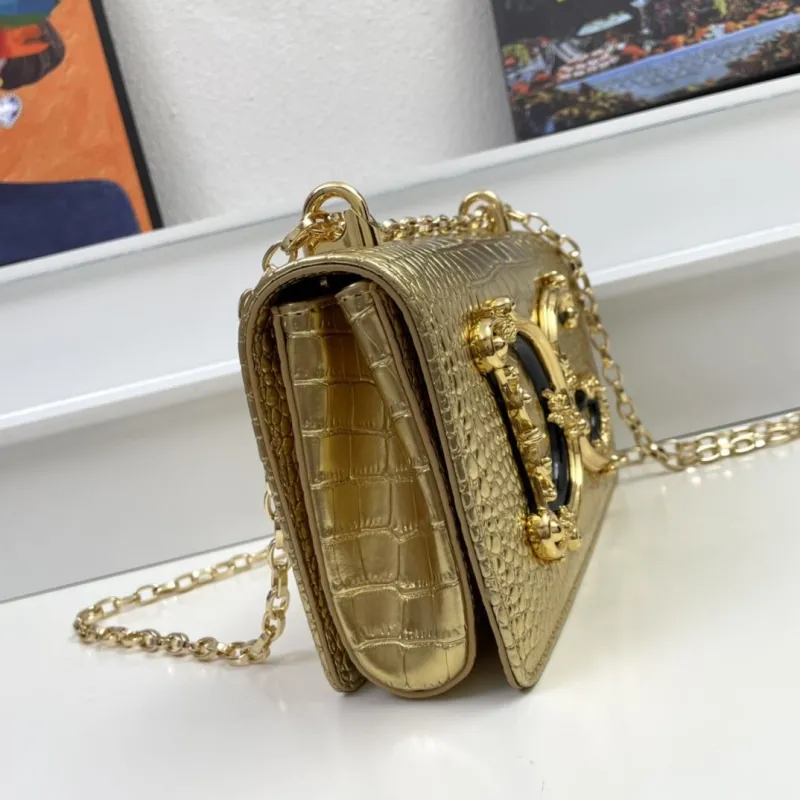Dolce Gabbana Gold Crocodile Embossed Chain Satchel Bag - Image 5
