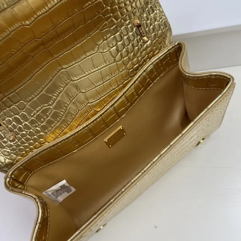 Dolce Gabbana Gold Crocodile Embossed Chain Satchel Bag - Image 8