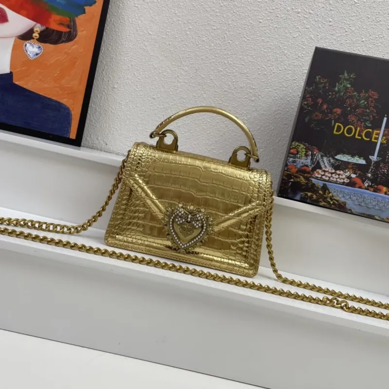 Dolce & Gabbana Gold Crocodile Embossed Satchel Bag