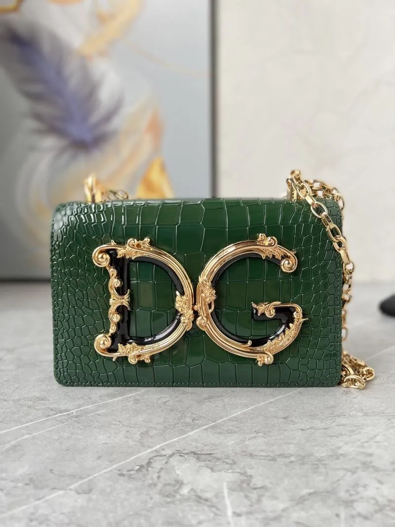 Dolce Gabbana Green Crocodile Embossed Chain Satchel Bag