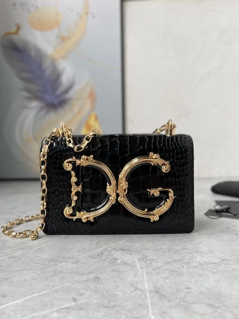 D&G Black Crocodile Embossed Chain Satchel Bag 258