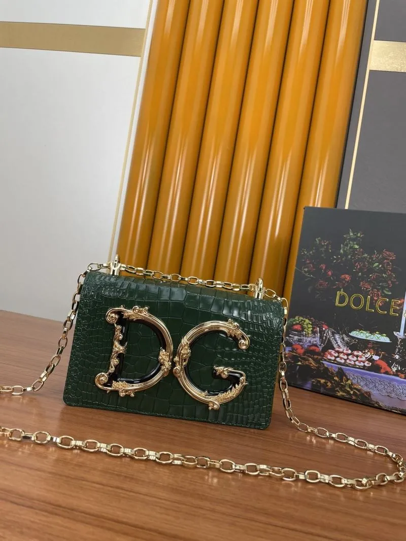 Dolce Gabbana Dark Green Croc Embossed Chain Satchel Bag 300