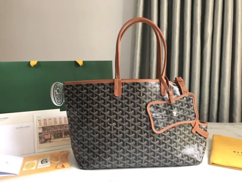 Goyard Black Tote Shopping Bag with Brown Leather Trim