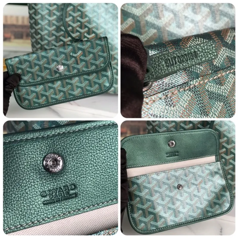 Goyard Dark Green Tote Bag With Attached Pouch - Image 9