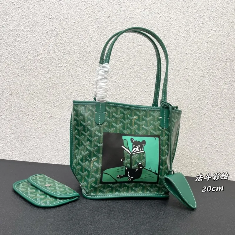 Goyard Green French Bulldog Print Tote Bag 20cm - Image 3