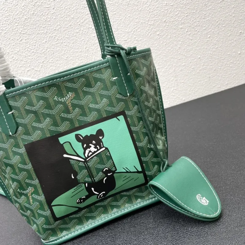 Goyard Green French Bulldog Print Tote Bag 20cm - Image 4
