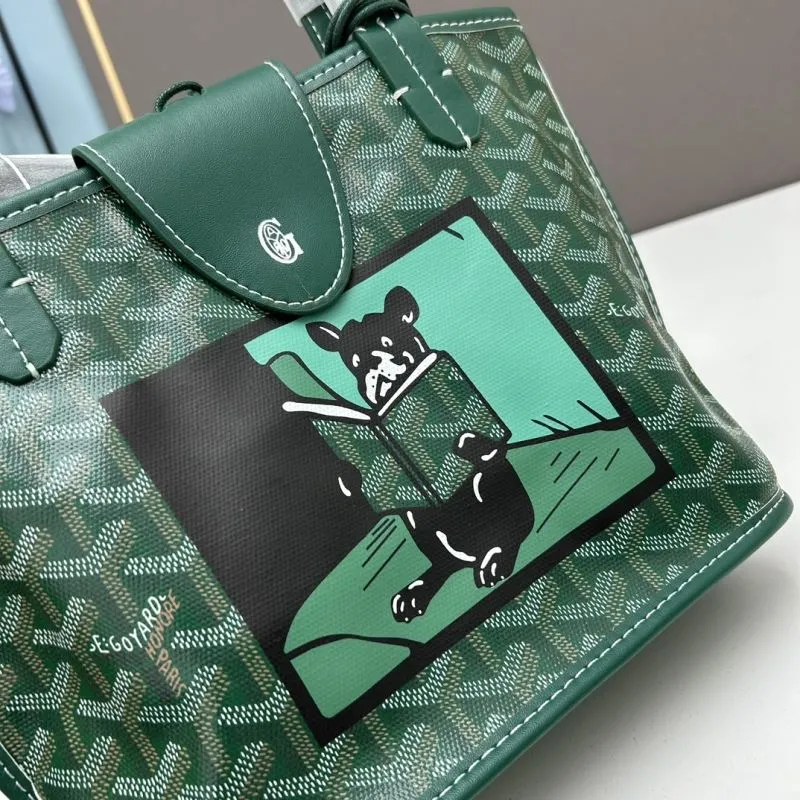 Goyard Green French Bulldog Tote Bag with Pouch - Image 6