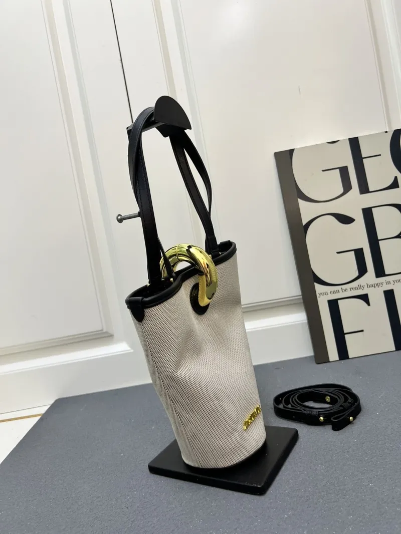 Jacquemus Beige Black Canvas Bucket Bag with Strap - Image 3