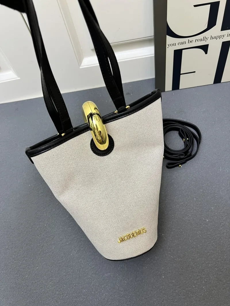 Jacquemus Beige Black Canvas Bucket Bag with Strap - Image 4