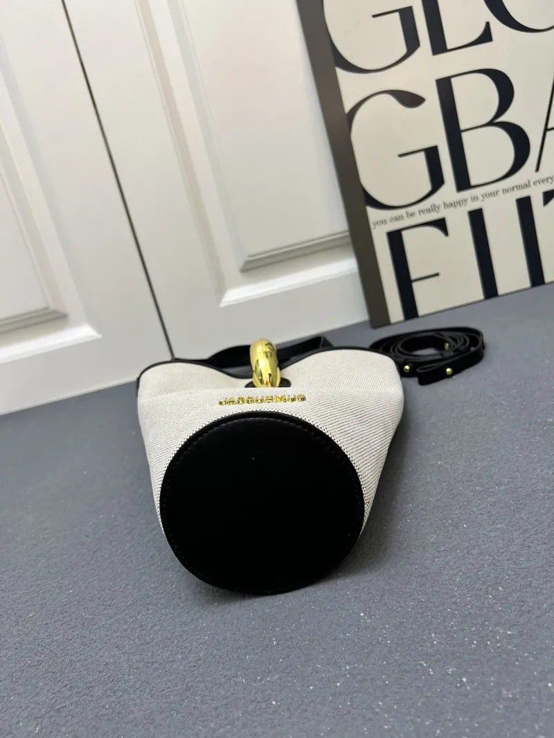Jacquemus Beige Black Canvas Bucket Bag with Strap - Image 6