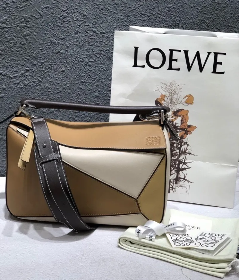 LOEWE Puzzle Leather Handbag Beige Cream Brown