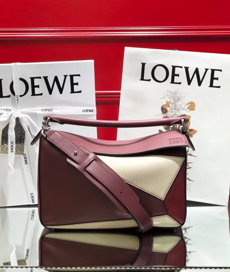 LOEWE Puzzle Two-Tone Burgundy Cream Leather Handbag
