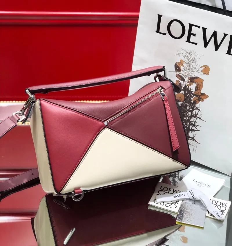 LOEWE Puzzle Two-Tone Burgundy Cream Leather Handbag - Image 3
